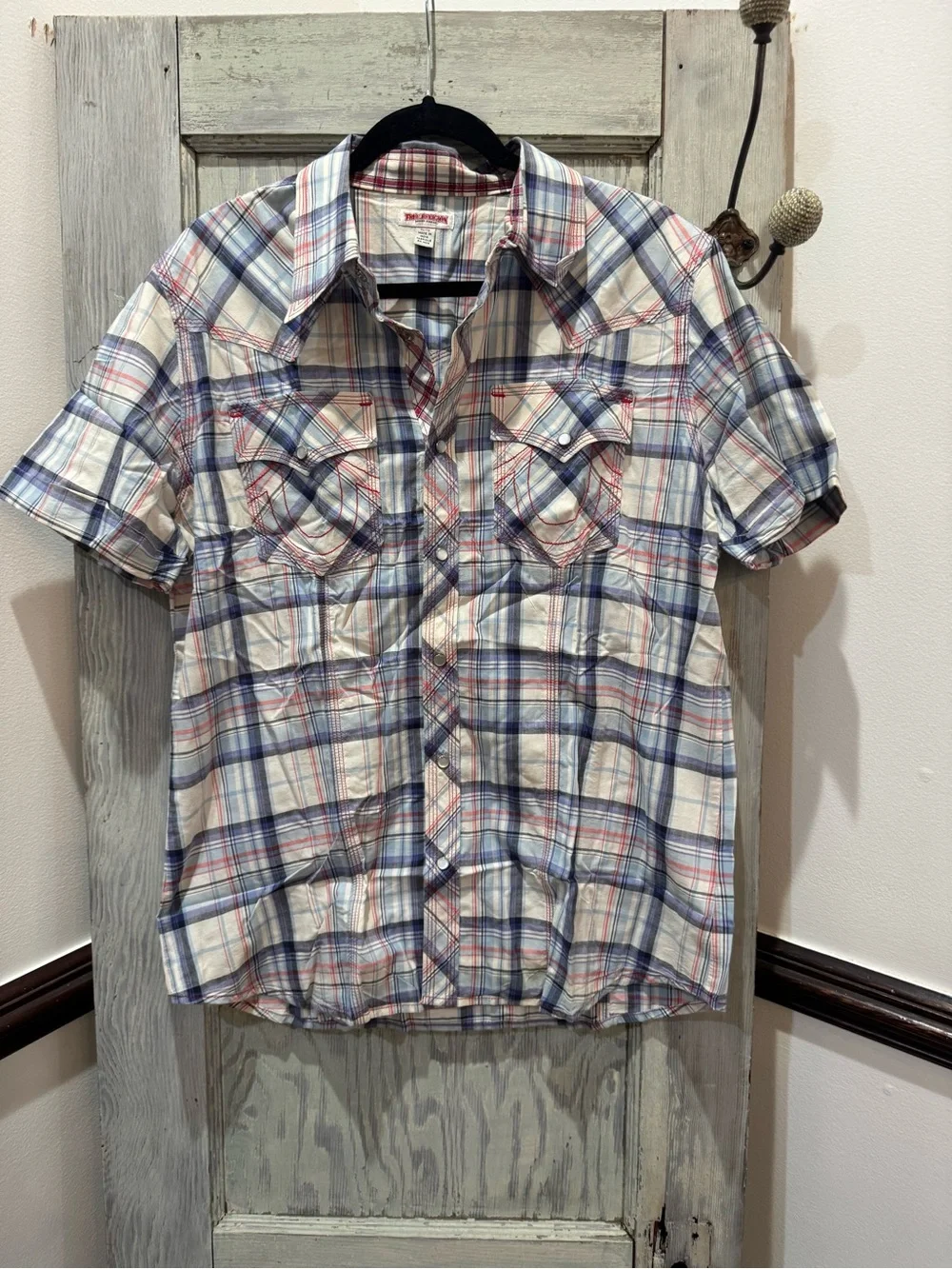 True Religion Pearl Snap Plaid Shirt Mens Large Multicolor Short‎ Sleeve Cuff XL
